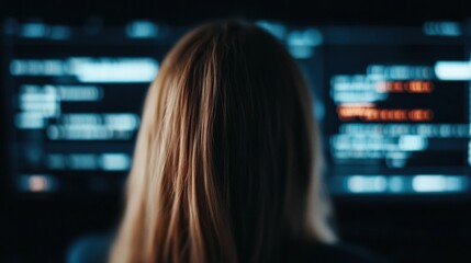A person with long hair faces a screen filled with glowing lines of code or data in a dark environment, suggesting programming or cybersecurity work.
