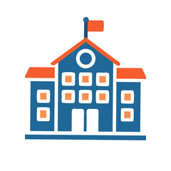 Blue school building with orange roof and flag education architecture