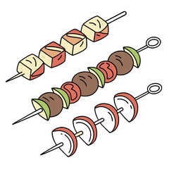 Three skewers with food items meat vegetables and fruit vector