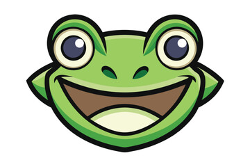 Smiling green cartoon frog face expresses happiness with big eyes and open mouth
