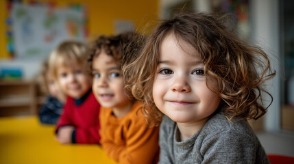Three happy children sitting at a yellow table in a classroom