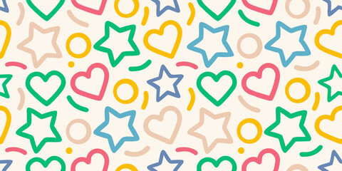 Playful seamless pattern with colorful hearts stars and abstract shapes