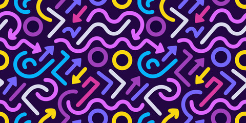 Vibrant memphis style pattern with arrows and swirls on dark background