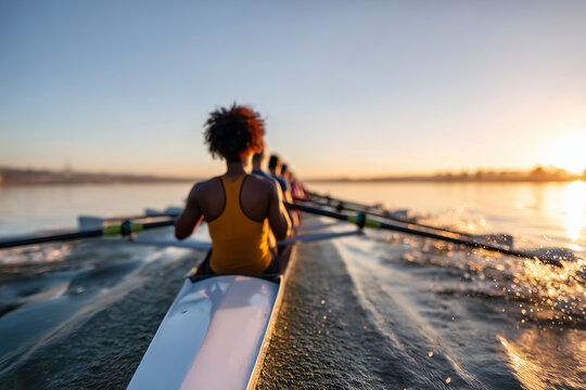 Close up, Mixed race rowing team training on a lake at dawn
