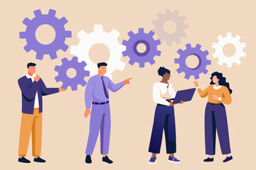 Diverse business team collaborating with gears symbolizing teamwork and process