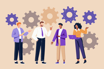 Diverse team of professionals collaborating with gears symbolizing teamwork and productivity