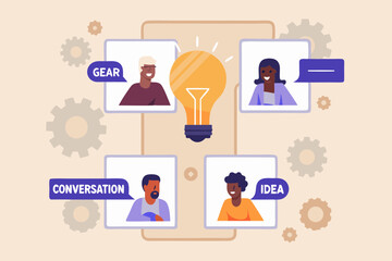 Diverse team collaborating on a new idea with gears and lightbulb symbolizing innovation