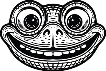 Black and white tattoostyle frog face presents a wide, toothy smile and large, round eyes