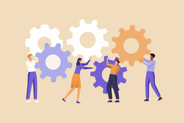 Diverse team working together to connect gears symbolizing collaboration and teamwork