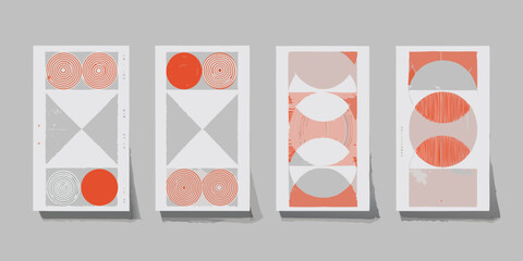 Four abstract geometric posters with circles and lines in coral and gray