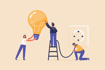 Teamwork installing a giant light bulb into an electrical socket for a new idea