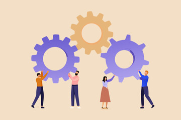 Diverse team of people working together to connect gears for collaboration and teamwork