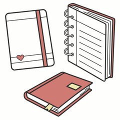 Three assorted notebooks with red and white covers and black outlines journal diary