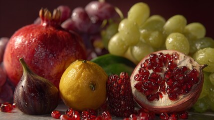Fresh Pomegranate Fig Lemon and Grape Medley Still Life Healthy Eating Nutrition Diet Gourmet