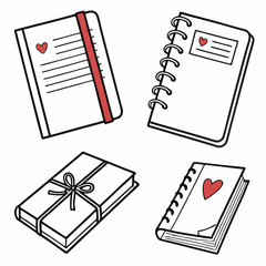 Four notebooks with red hearts and red accents journal diary