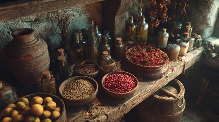Cottage apothecary still life herbs and remedies in jars and wooden bowls rustic and natural charm