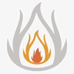 Stylized orange and grey flames on white fire symbol