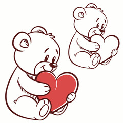 Two cute teddy bears holding red hearts love romance