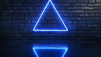 Neon blue triangle glowing against a dark brick wall, reflecting on a wet surface, creating an urban vibe - Powered by Adobe