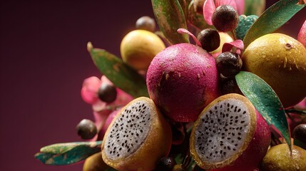 Tropical fruit fantasy dragon fruit leaves plums vibrant colors botanical art creative food still