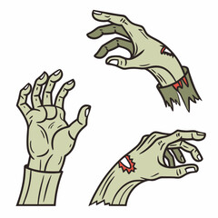 Three pale green zombie hands reaching out with torn sleeves horror