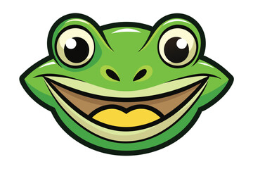 Smiling green frog face with big eyes shows a cheerful expression isolated