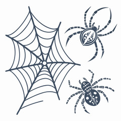 Dark blue spiders and web silhouette on white spiderweb arachnid