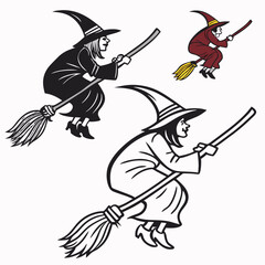 Flying witches with brooms in black and white and color halloween magic