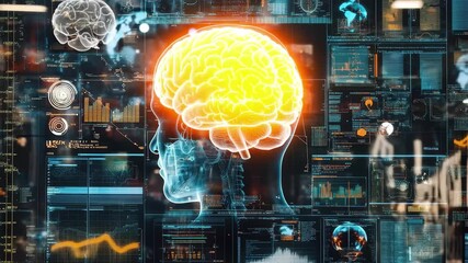 Futuristic sci-fi HUD depicting a brain x-ray with digital overlays and data analytics in a high-tech environment, Futuristic Sci-fi HUD Brain X-ray (background) - Powered by Adobe