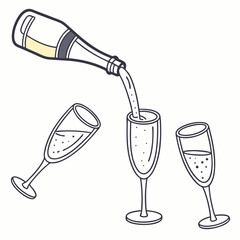 Champagne bottle pouring into glasses with bubbles celebration