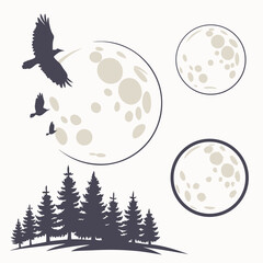Dark birds fly past pale moons over pine trees full moon flying
