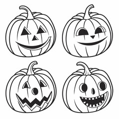 Four grinning pumpkin faces with carved expressions halloween jack o lantern