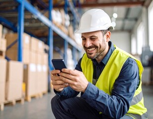 Construction worker in a safety helmet talking on a mobile phone at an industrial work site
