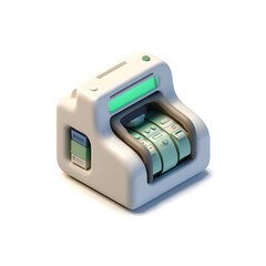 Fototapeta premium Isometric illustration of a vintage-style, white and green mechanical calculator with a digital display, casting a shadow on a white background.