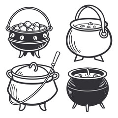 Four black and white cauldron icons with various contents kettle cooking