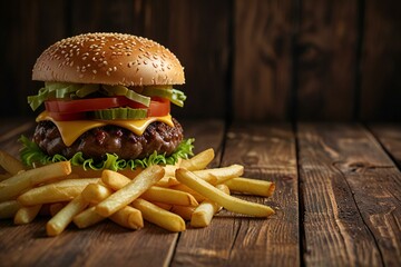 Juicy cheeseburger with a pile of golden french fries on a rustic wooden table