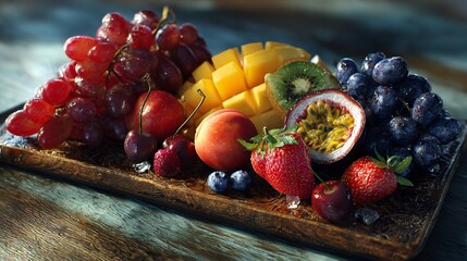 Tropical fruit platter Mango grapes kiwi passion fruit peach and cherries fresh vibrant colors