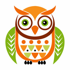 Stylized owl with green eyes and orange accents graphic bird