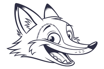 Line art depicts a cheerful fox head with mouth open wide showing teeth