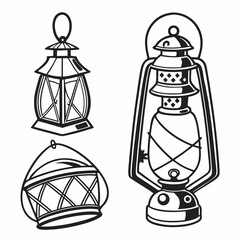 Vintage lanterns collection black ink line art oil lamp kerosene lamp