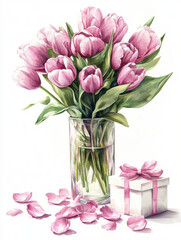 Pink tulips in glass vase with gift box tied with pink ribbon, surrounded by scattered petals, create romantic and elegant scene