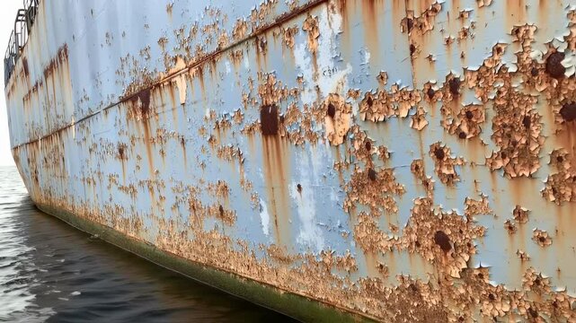 Detailed view of the hull of an old abandoned ship showing rust and peeling paint
