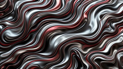 A mesmerizing abstract pattern of flowing red, black, and silver waves creating a dynamic visual experience.