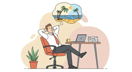 An office worker escapes stress by daydreaming of a beach vacation. A clean vector showing the need for work-life balance and holiday leave. Set for remote work burnout, Remote work stress, lifestyle