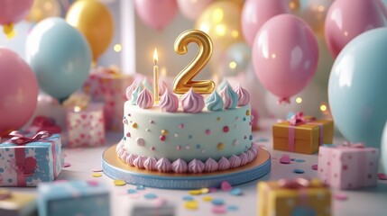 A delightful second birthday celebration with cake, balloons, and presents galore