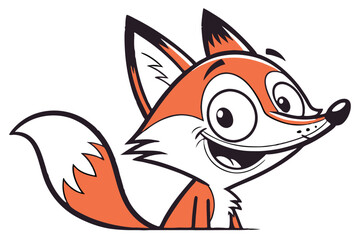 Orange cartoon fox smiles broadly while looking up happily against a white background