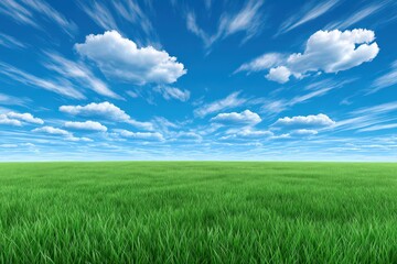 Fototapeta premium Expansive verdant grassland beneath a vast azure sky adorned with wispy clouds illustrating tranquility and natural beauty enhancing outdoor landscape aesthetics