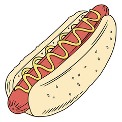 Red sausage in yellow mustard sauce on a light bun hotdog