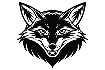 Stylized fox head is presented in black and white with a fierce expression