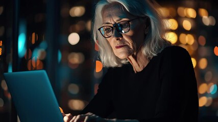 Senior woman processing financial data while working late at night in a modern urban setting, financial data processing over senior caucasian woman using laptop - Powered by Adobe